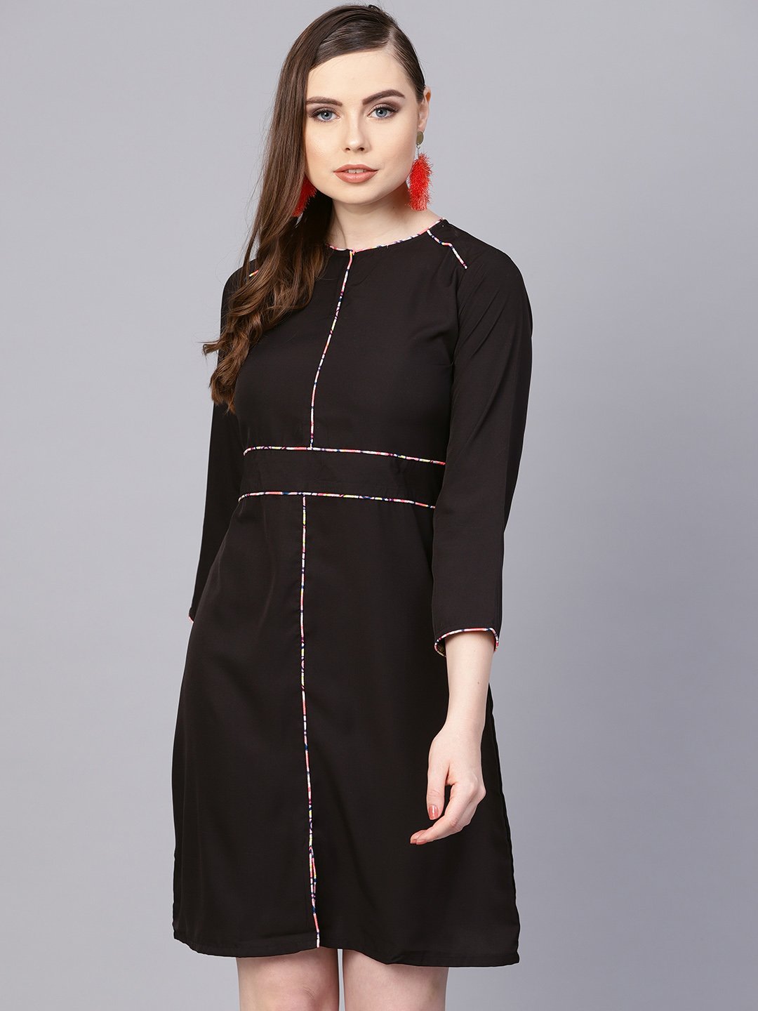 Women's Solid Black Dress With Printed Piping & Round Neck - Nayo Clothing