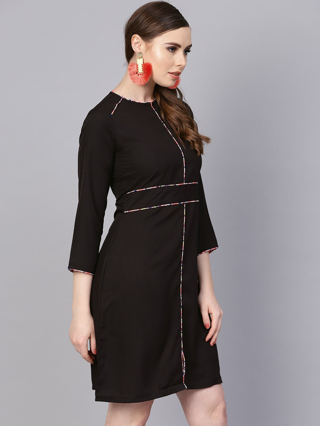 Women's Solid Black Dress With Printed Piping & Round Neck - Nayo Clothing