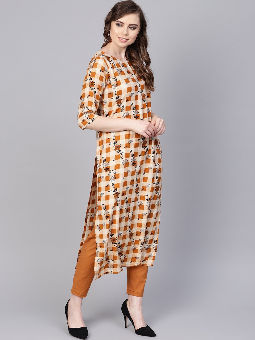 Women's Camel  Brown Checked With Florals Kurta Set With Solid Palazzo - Nayo Clothing