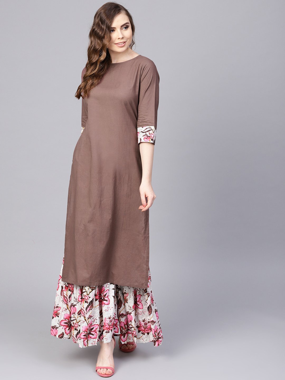 Women's Solid Coffee Brown 3/4Th Sleeve Cotton Kurta With Printed Floral Sharara - Nayo Clothing