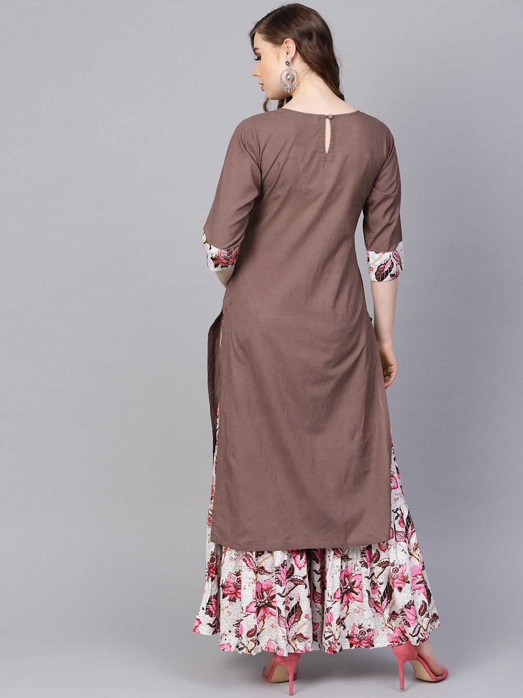 Women's Solid Coffee Brown 3/4Th Sleeve Cotton Kurta With Printed Floral Sharara - Nayo Clothing