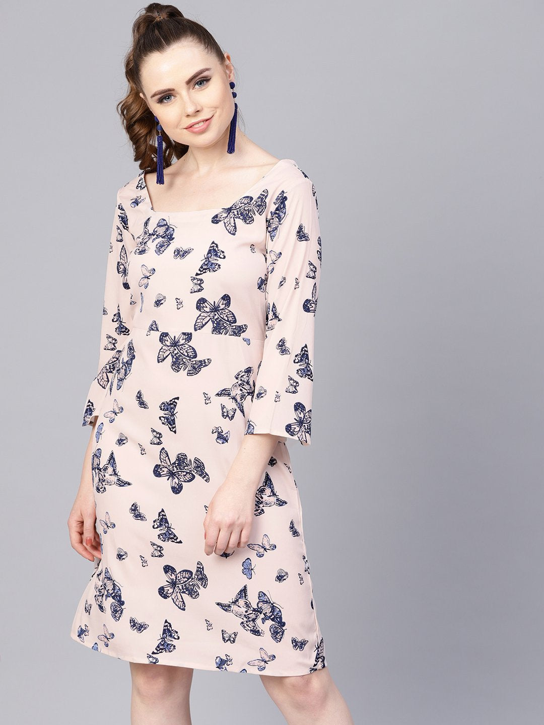 Women's White Butterfly Printed Dress With Square Neck - Nayo Clothing