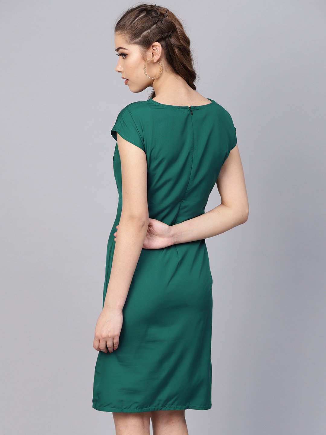 Women's Dark Green Sheath Cap Sleeve Dress - Nayo Clothing