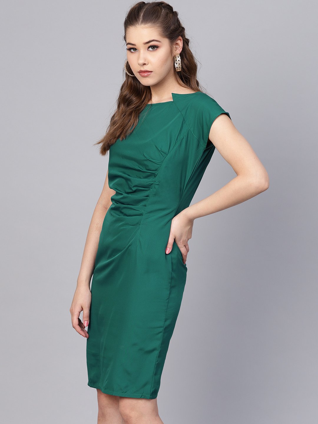 Women's Dark Green Sheath Cap Sleeve Dress - Nayo Clothing
