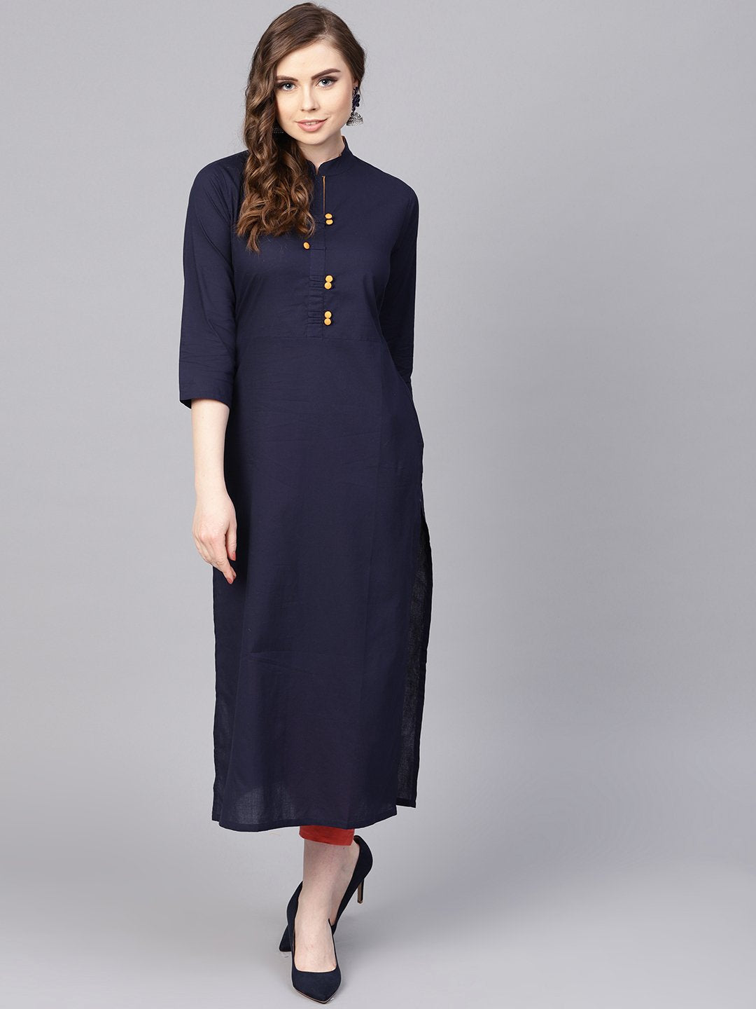 Women's Navy Blue Kurta With Contrasting Detailed Placket With Madarin Collar - Nayo Clothing