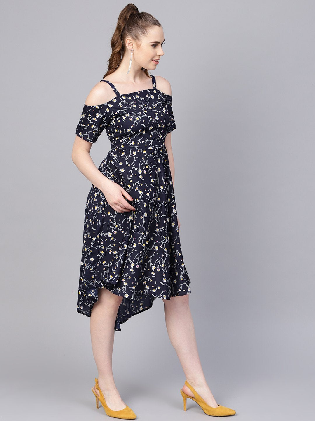 Women's Navy Blue Floral Printed Dress With Shoulder Strap & Detailed Sleeves - Nayo Clothing