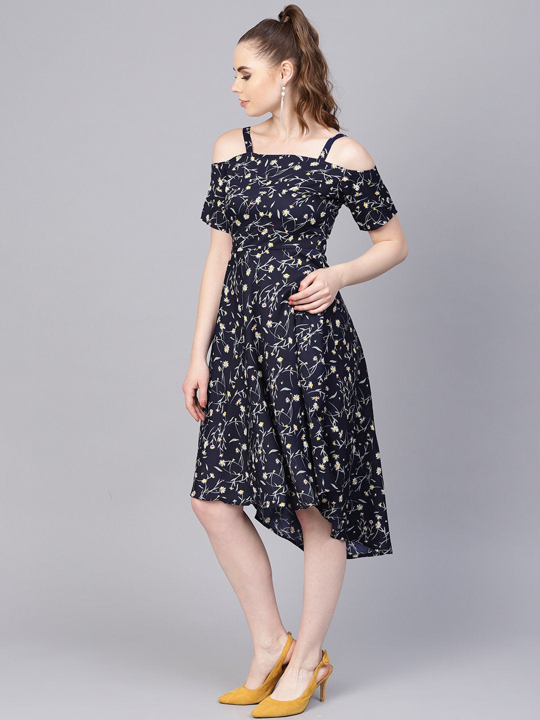 Women's Navy Blue Floral Printed Dress With Shoulder Strap & Detailed Sleeves - Nayo Clothing