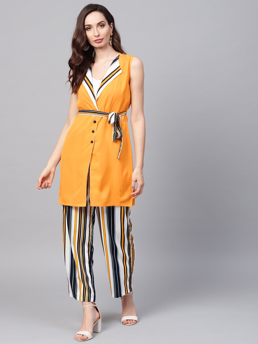 Women's Solid Yellow Jacket & Stripped Palazzo Clothing Set - Nayo Clothing