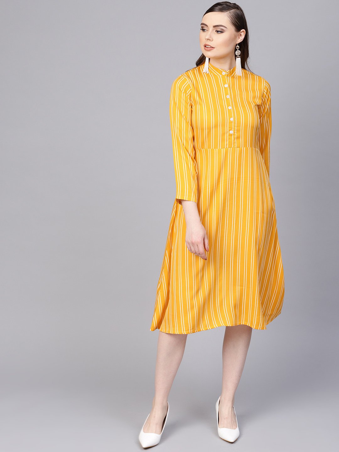 Women's Yellow & White Striped Dress With Madarin Collar & Full Sleeves - Nayo Clothing