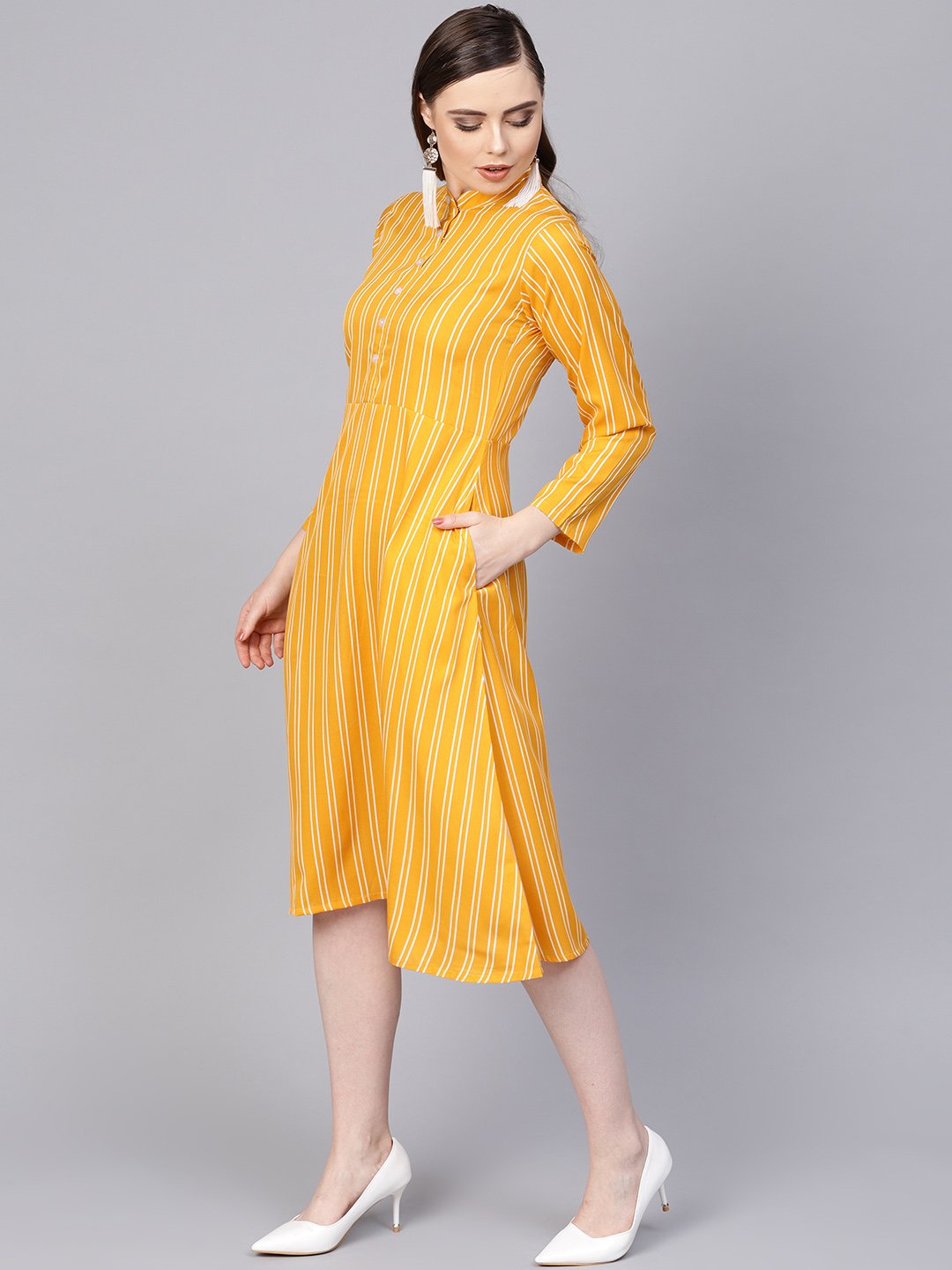 Women's Yellow & White Striped Dress With Madarin Collar & Full Sleeves - Nayo Clothing
