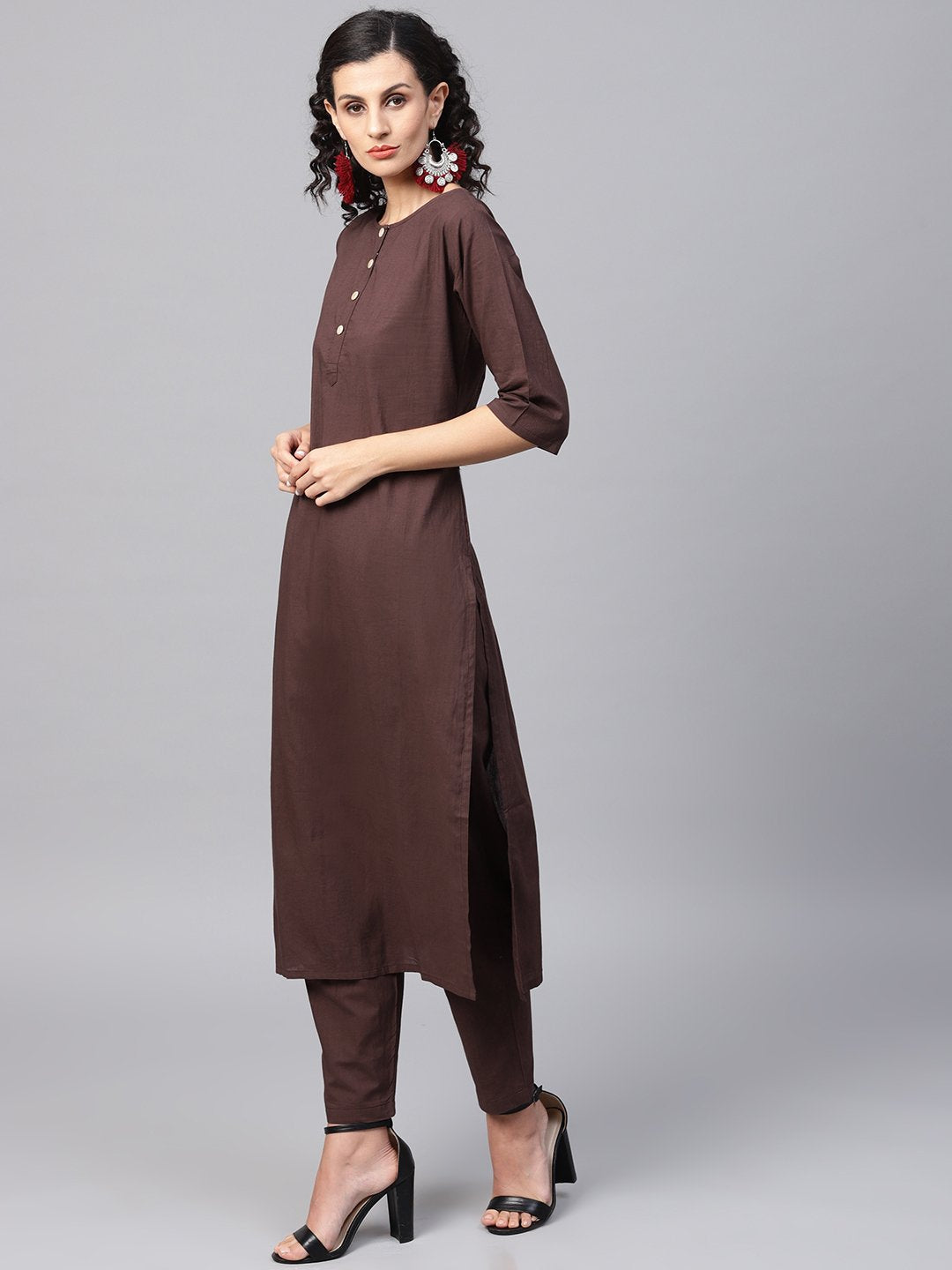 Women's Dark Brown Solid Kurta Set With Pants  & Printed Dupatta - Nayo Clothing
