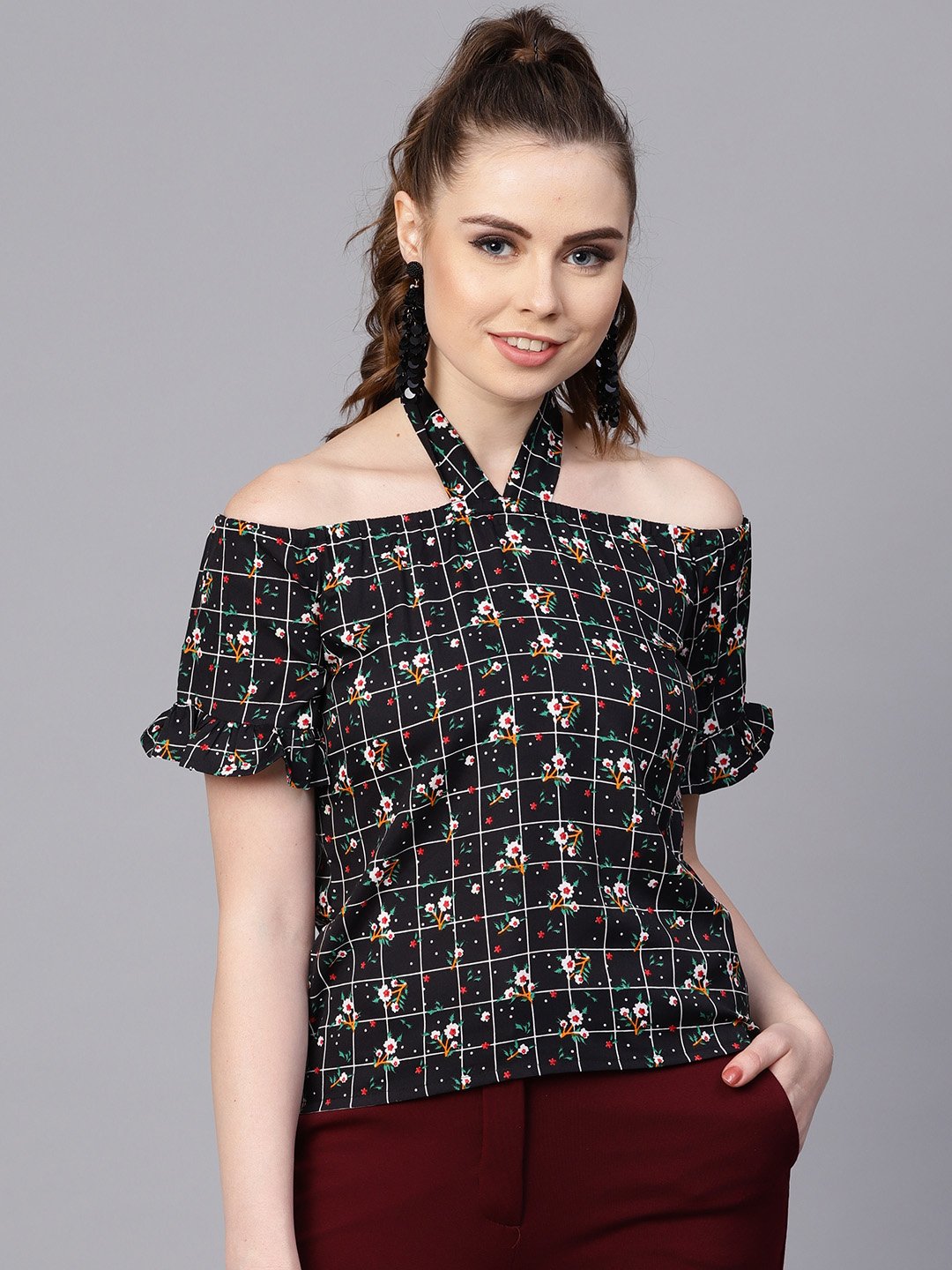 Women's Black Checked Floral Top With Halter Neck & Half Sleeves - Nayo Clothing