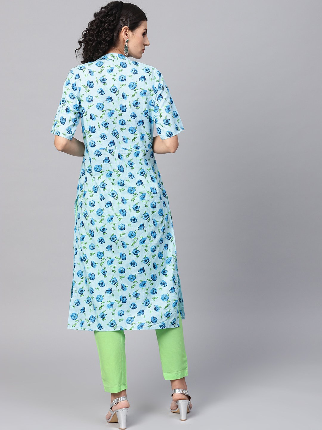 Women's Cotton Light Blue Floral Printed Kurta Set With Solid Light Green Pants - Nayo Clothing
