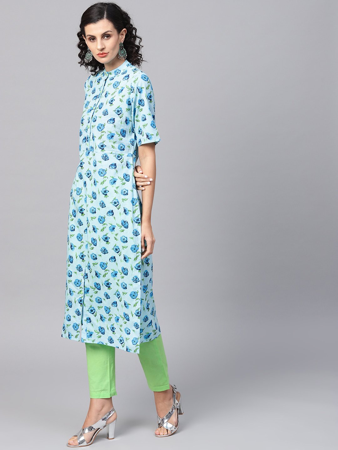 Women's Cotton Light Blue Floral Printed Kurta Set With Solid Light Green Pants - Nayo Clothing