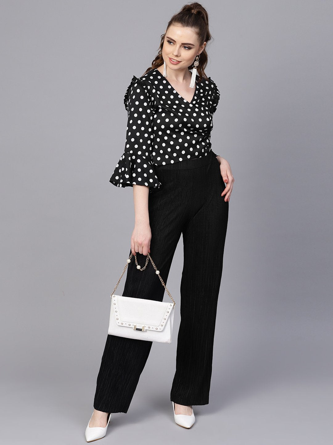 Women's Black Polka Dots Top With Detailed Sleeves & V-Neck - Nayo Clothing