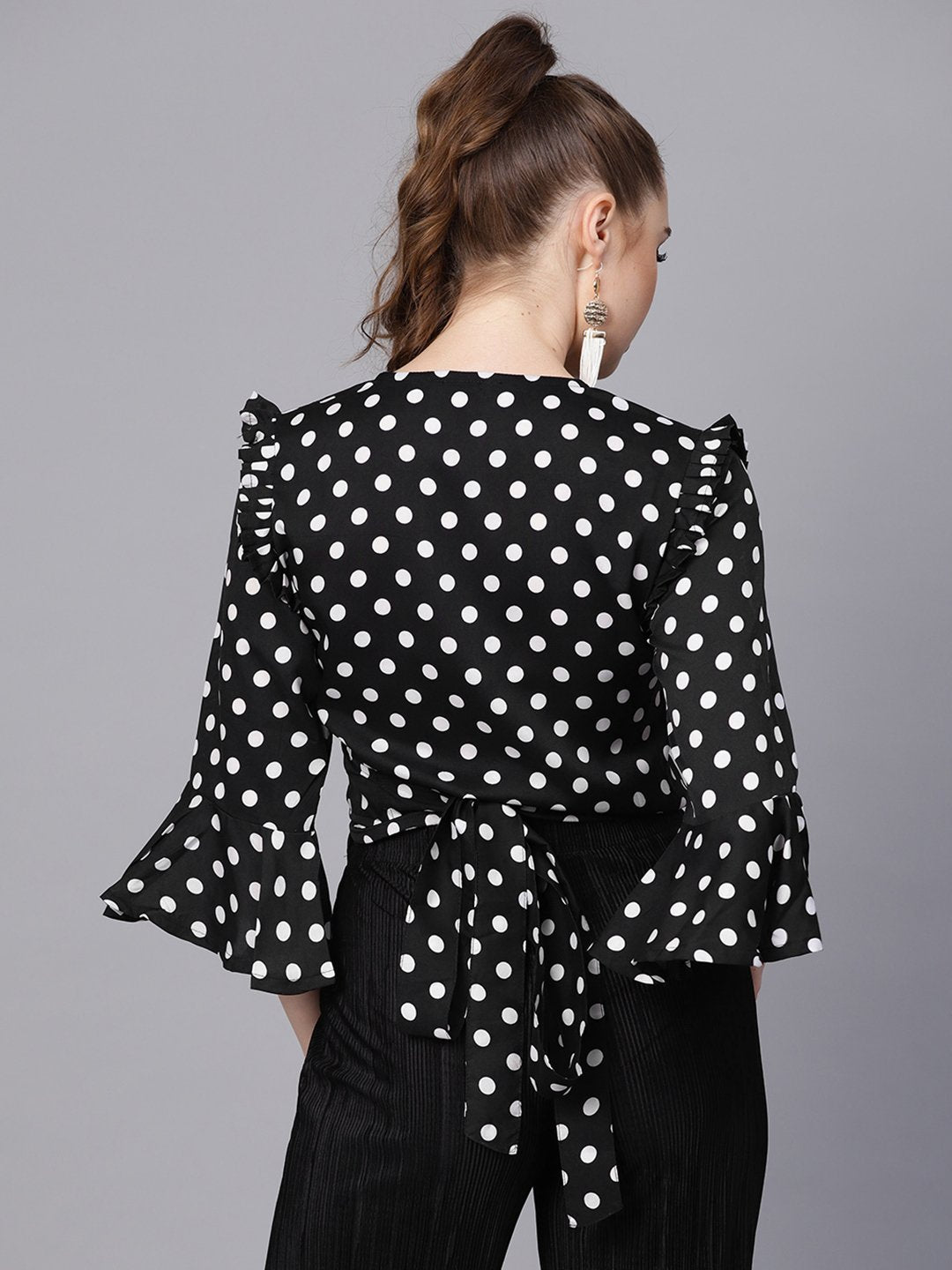 Women's Black Polka Dots Top With Detailed Sleeves & V-Neck - Nayo Clothing