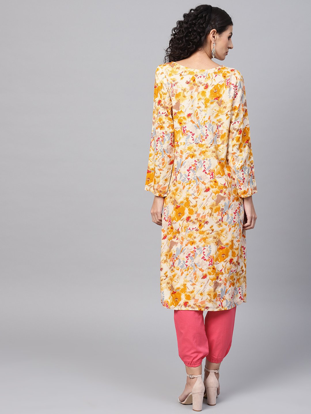 Women's Yellow Coloured Printed Kurta Set With Solid Megenta Pants - Nayo Clothing