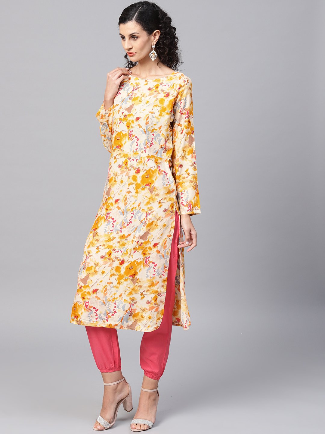 Women's Yellow Coloured Printed Kurta Set With Solid Megenta Pants - Nayo Clothing