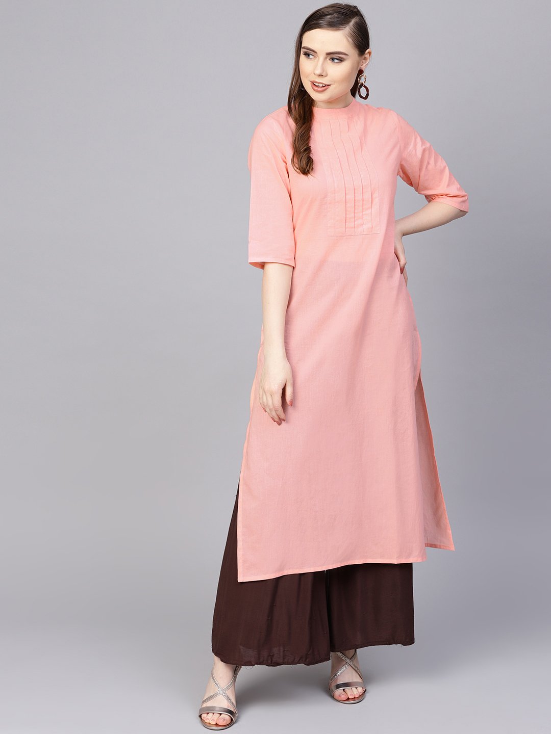 Women's Solid Peach Kurta With Closed Collar And Pleats In Yoke - Nayo Clothing