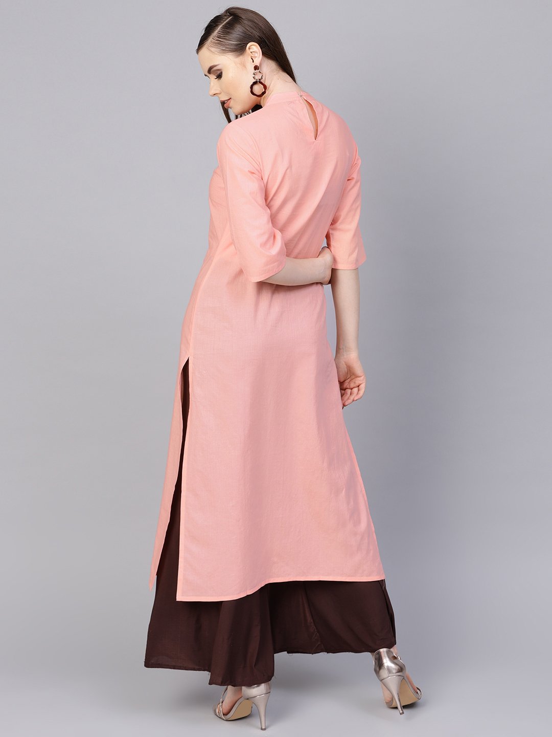 Women's Solid Peach Kurta With Closed Collar And Pleats In Yoke - Nayo Clothing