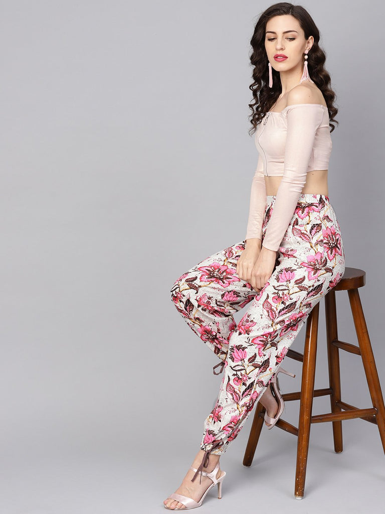 Women's White & Chocolate Brown Printed Palazzo With Drawstring At Bottom