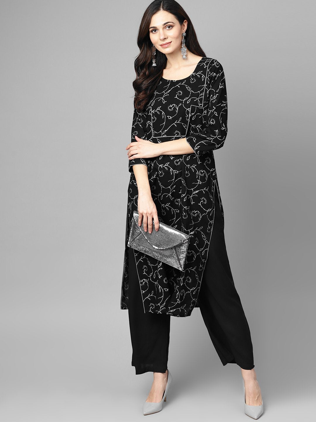 Women's Black & Grey Floral Printed Kurta Set With Solid Black Palazzo - Nayo Clothing