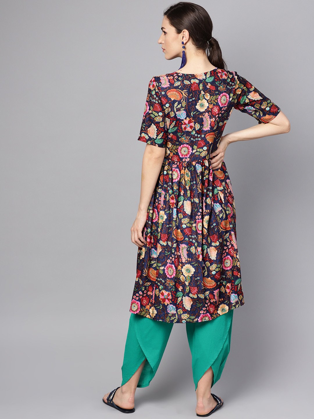 Women's Navy Blue Multi Colored Pleated Kurta With Solid Tulip Pants - Nayo Clothing