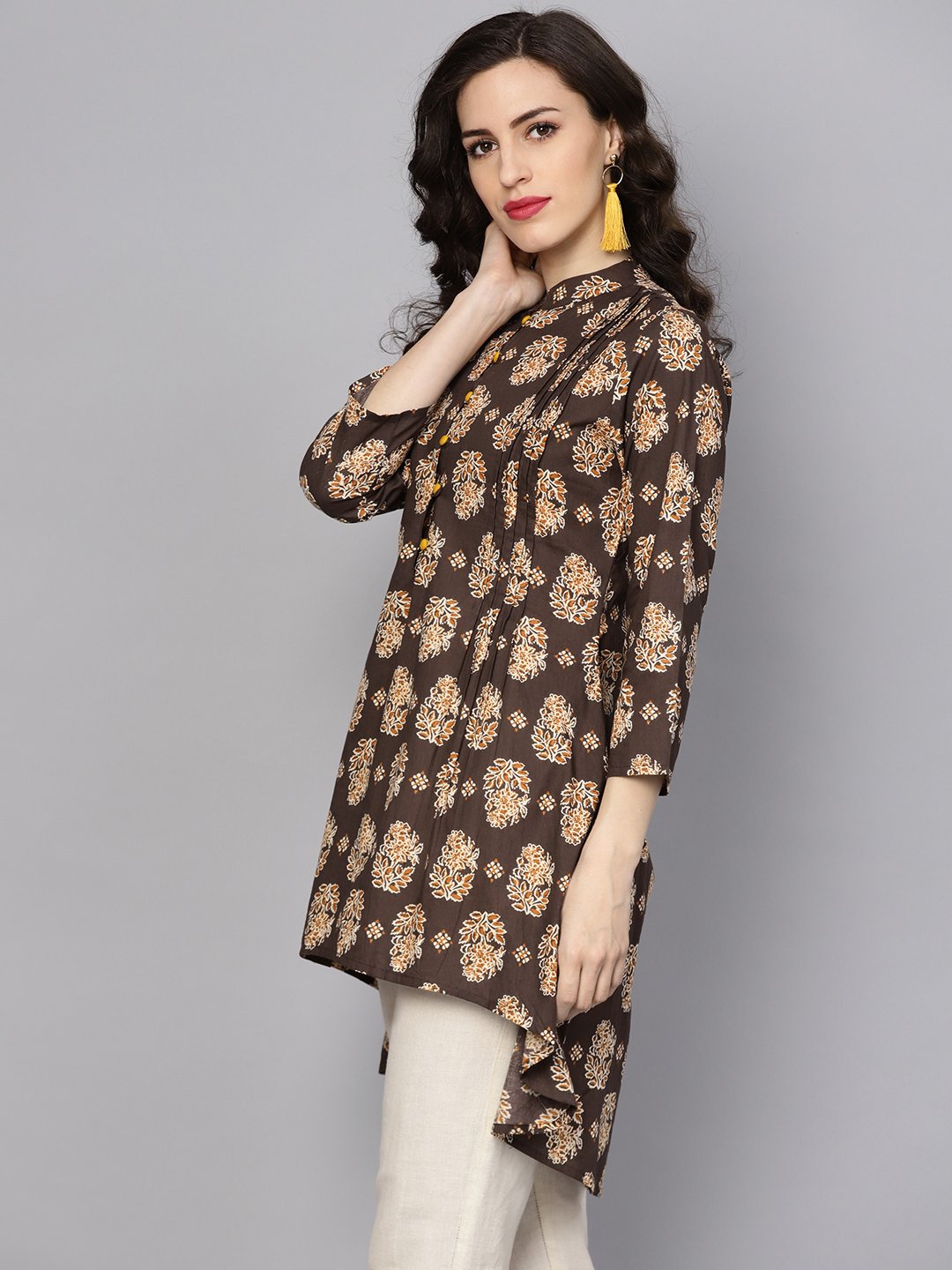 Women's Chocolate Brown Printed Tunic With Madarin Collar And 3/4 Sleeves - Nayo Clothing
