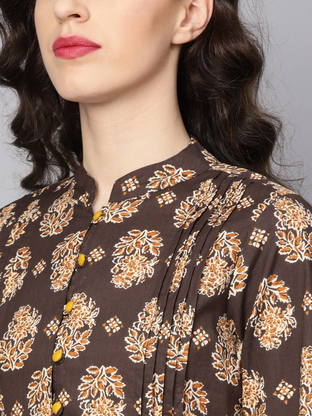 Women's Chocolate Brown Printed Tunic With Madarin Collar And 3/4 Sleeves - Nayo Clothing