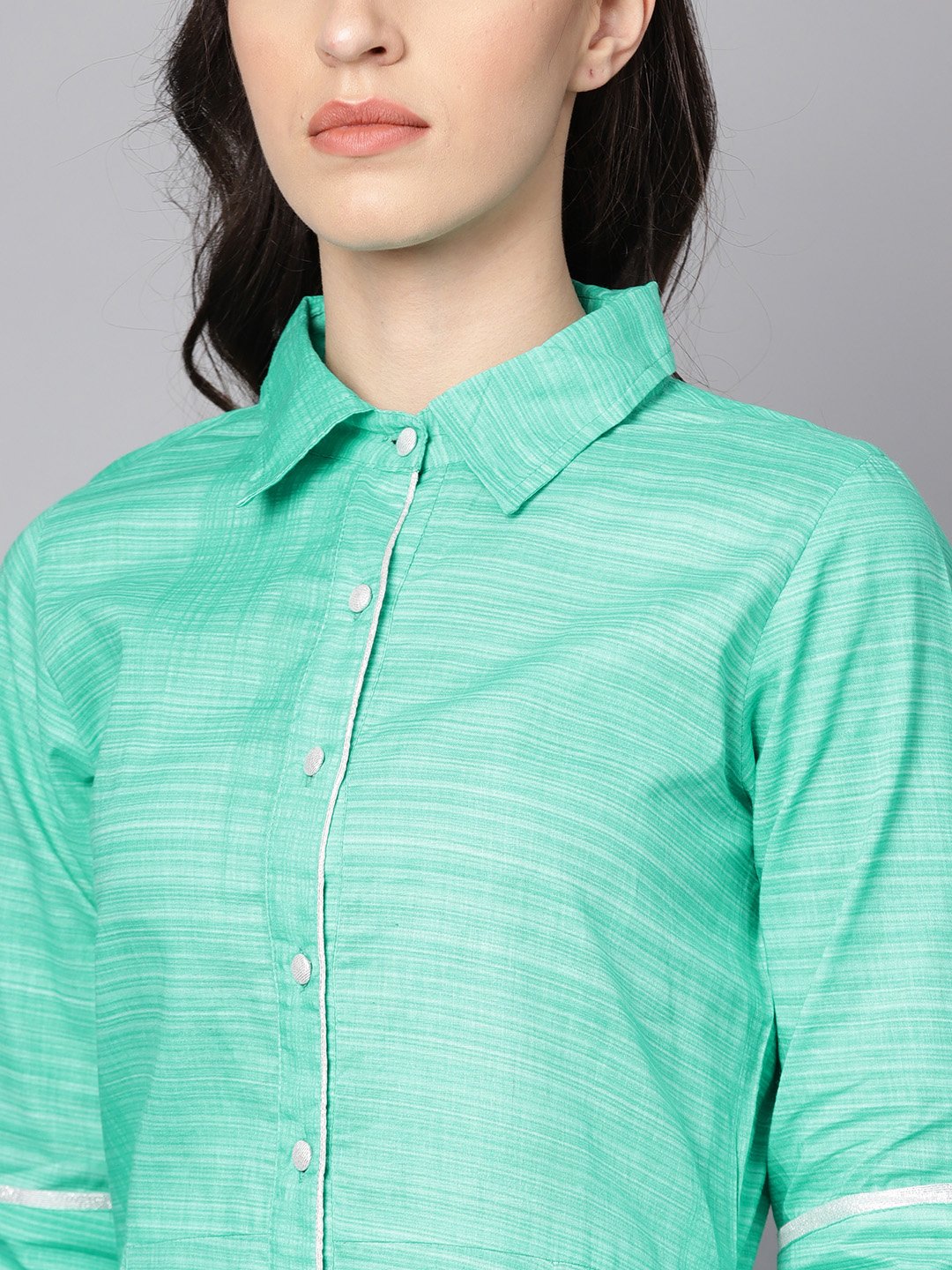 Women's Turquoise Blue A-Line Kurta With Shirt Collar & 3/4 Sleeves - Nayo Clothing