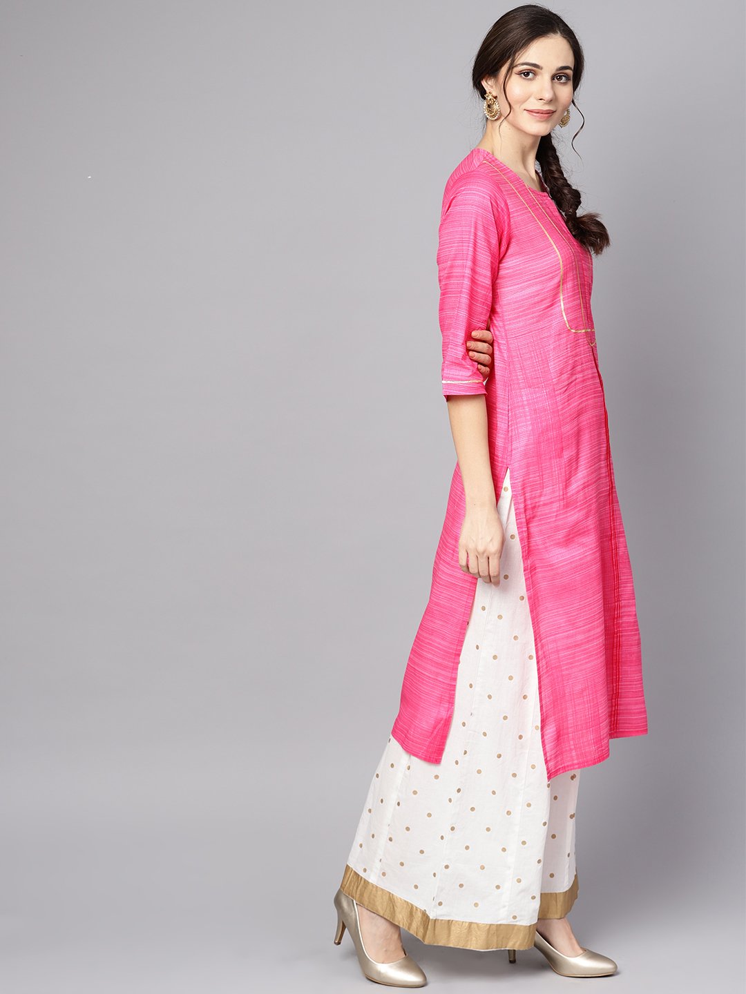 Women's Pink Straight Kurta With Round Neck Emblished With Gotta - Nayo Clothing