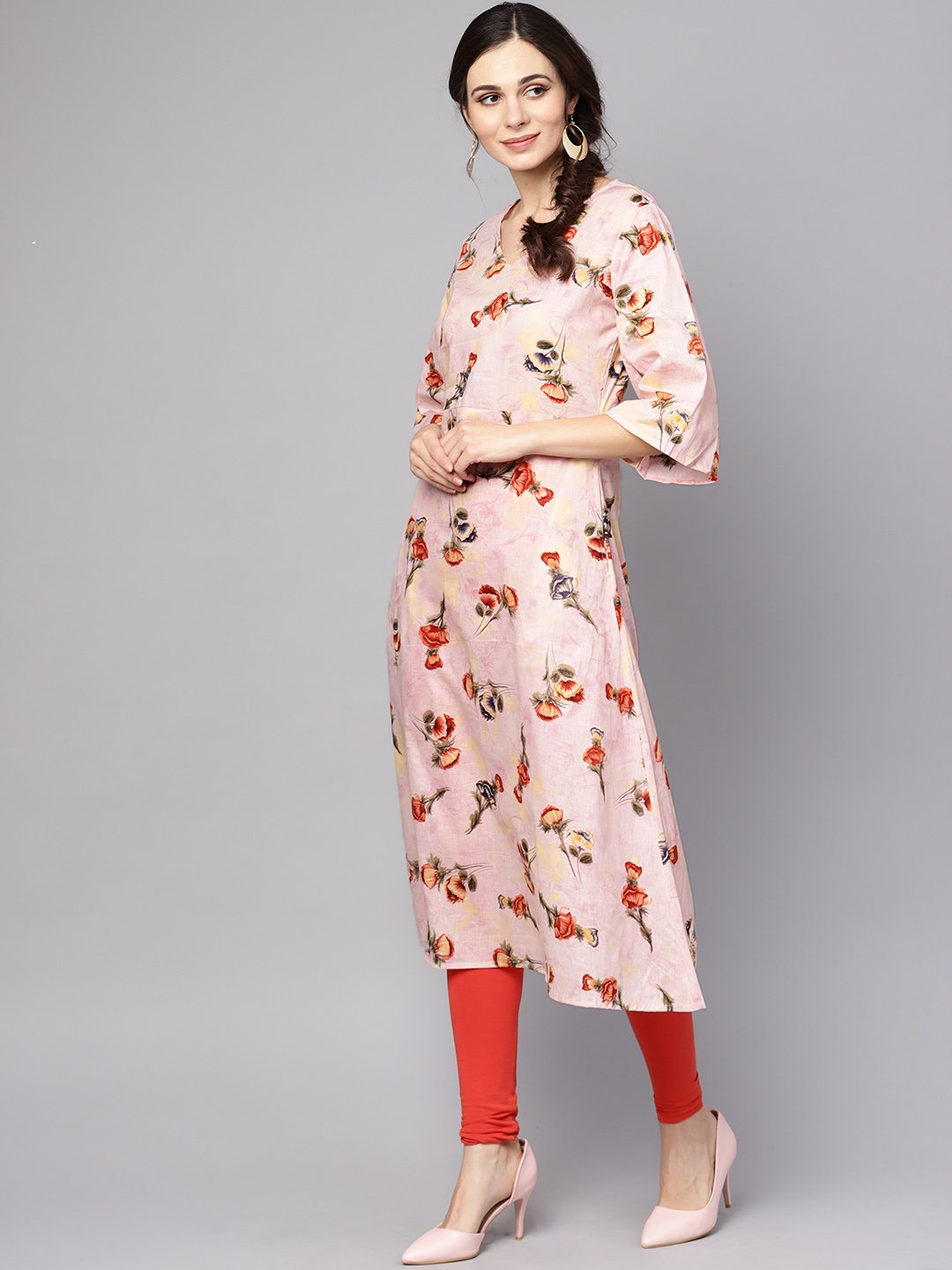 Women's Pastel Pink Floral Printed Kurta With V-Neck & Bell Sleeves - Nayo Clothing