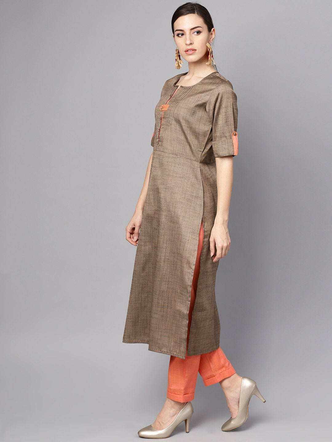 Women's Solid Brown Half Sleeve Cotton Kurta With Solid Peach Pants - Nayo Clothing