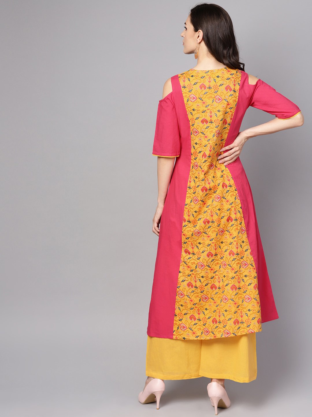 Women's Yellow Patola Printed Cold Shoulder Sleeve Cotton Kurta With Solid Flared Palazzo - Nayo Clothing