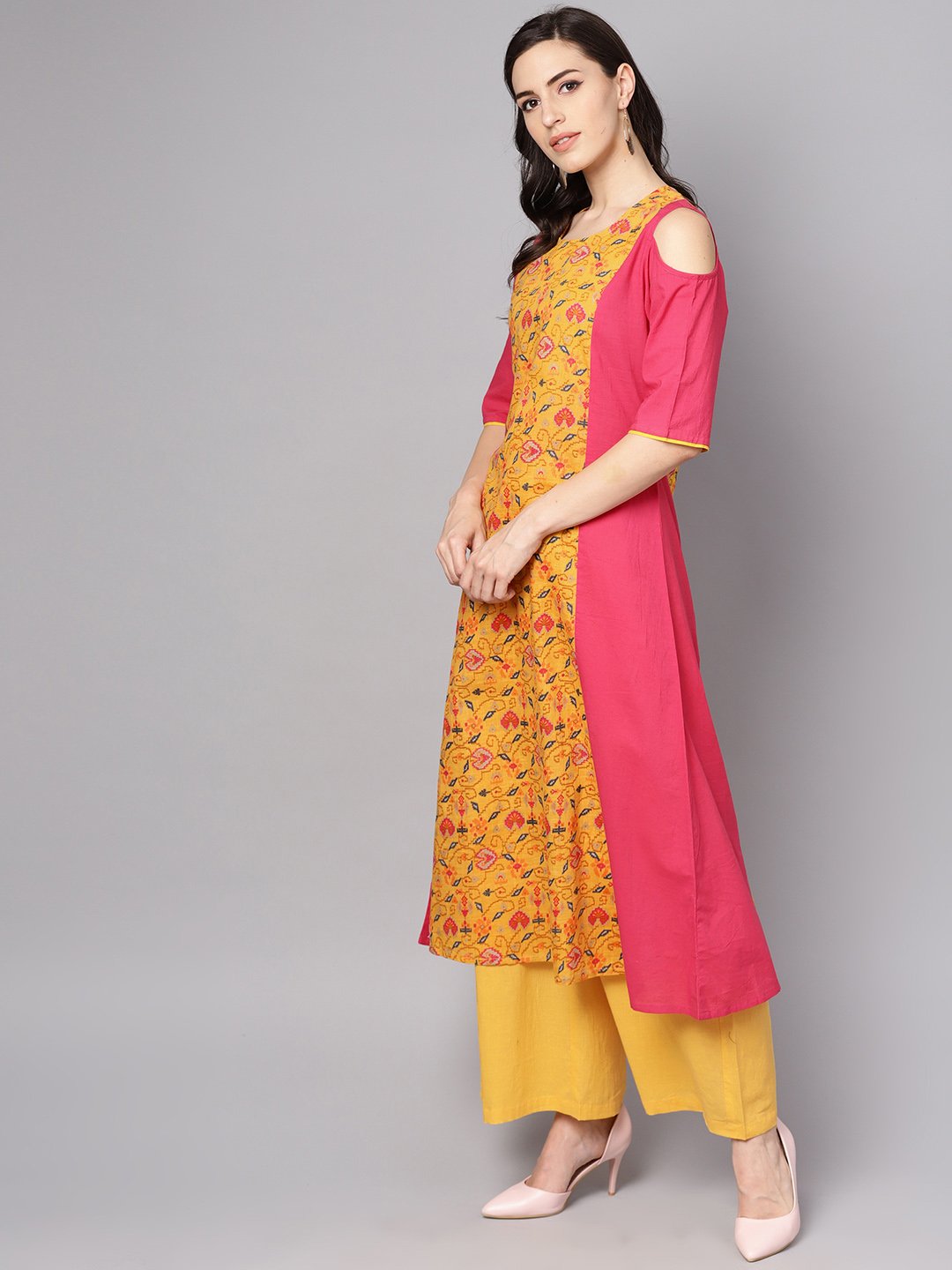 Women's Yellow Patola Printed Cold Shoulder Sleeve Cotton Kurta With Solid Flared Palazzo - Nayo Clothing