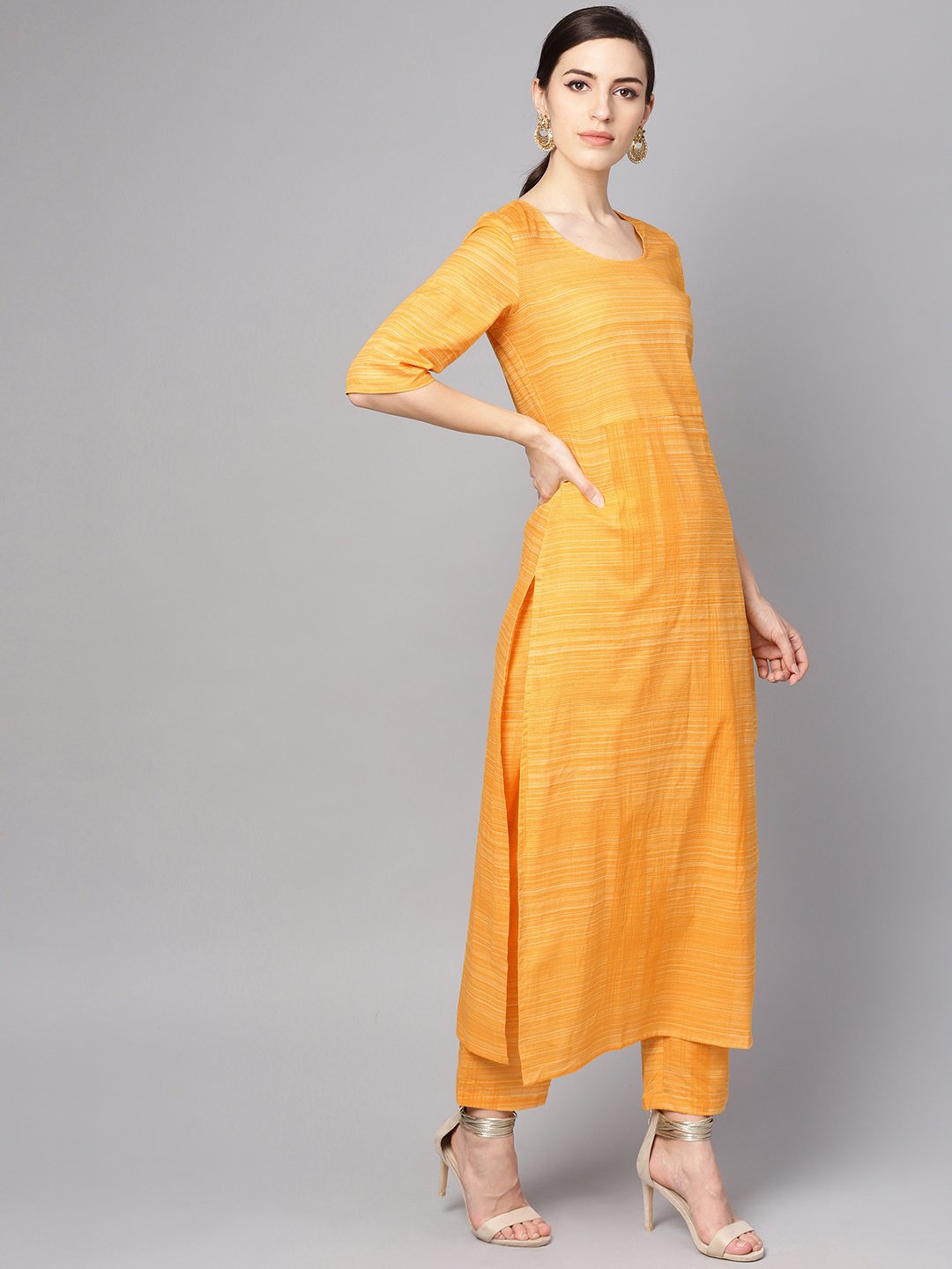 Women's Yellow Cotton Slub Half Sleeve Kurta Set With Pants - Nayo Clothing