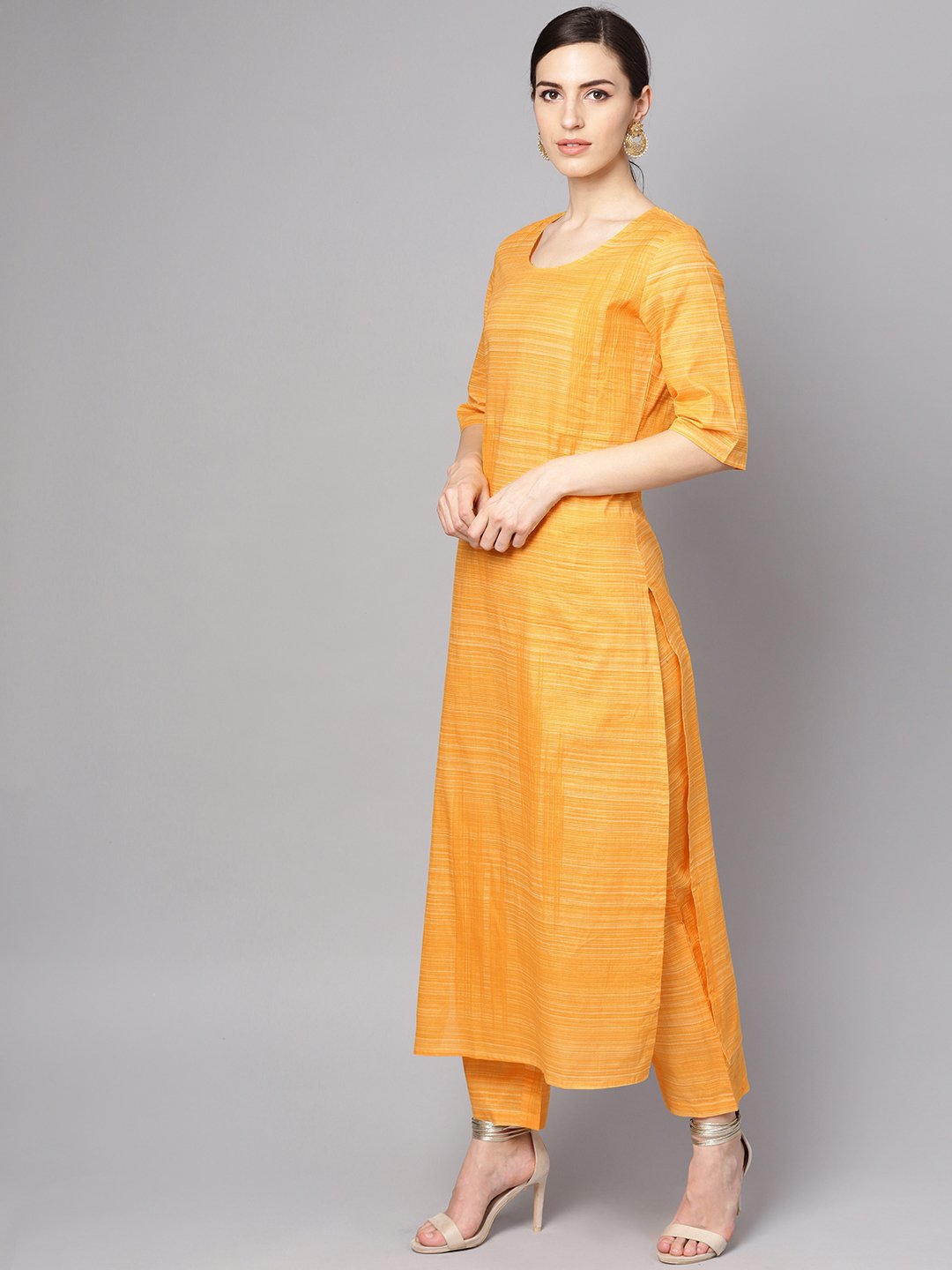 Women's Yellow Cotton Slub Half Sleeve Kurta Set With Pants - Nayo Clothing