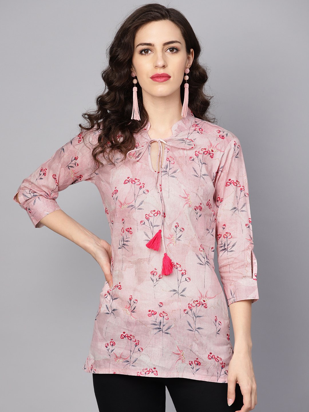 Women's Baby Pink Printed 3/4Th Sleeve Cotton Tunic - Nayo Clothing