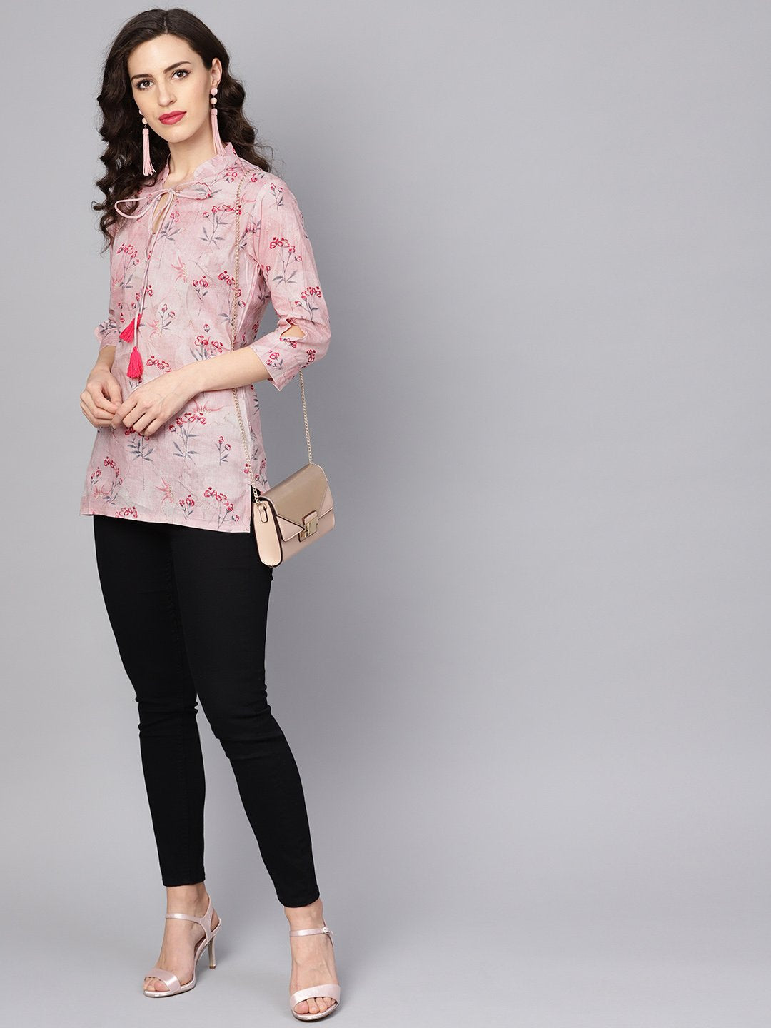 Women's Baby Pink Printed 3/4Th Sleeve Cotton Tunic - Nayo Clothing