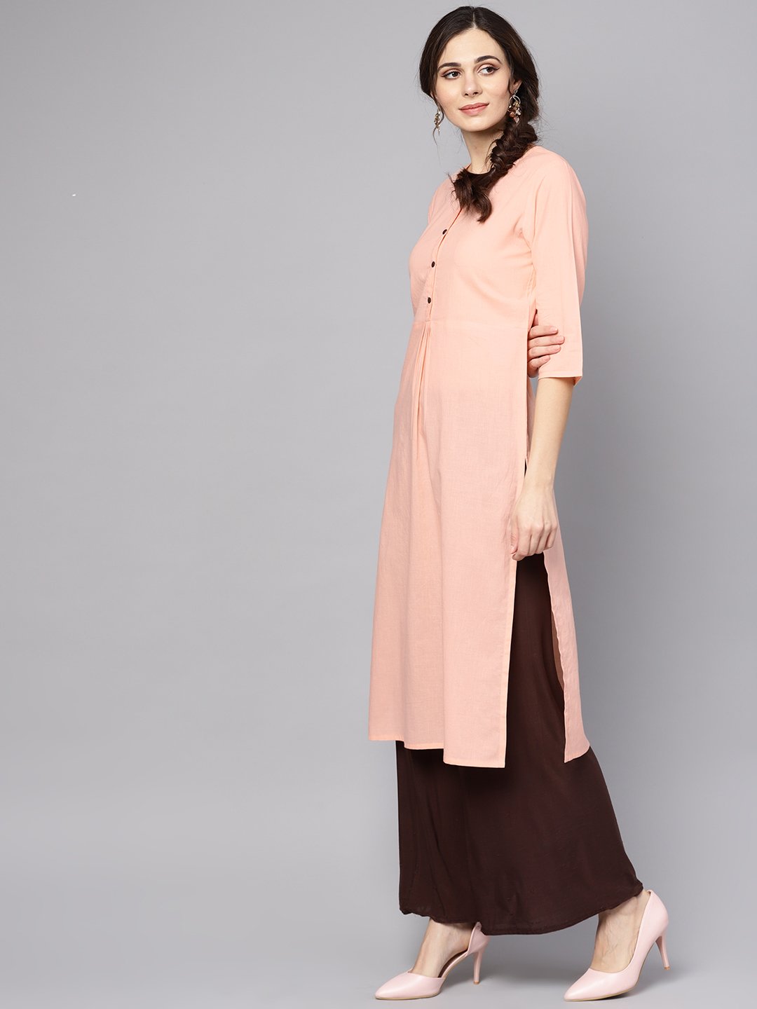 Women's Solid Peach 3/4Th Sleeve Cotton Kurta - Nayo Clothing