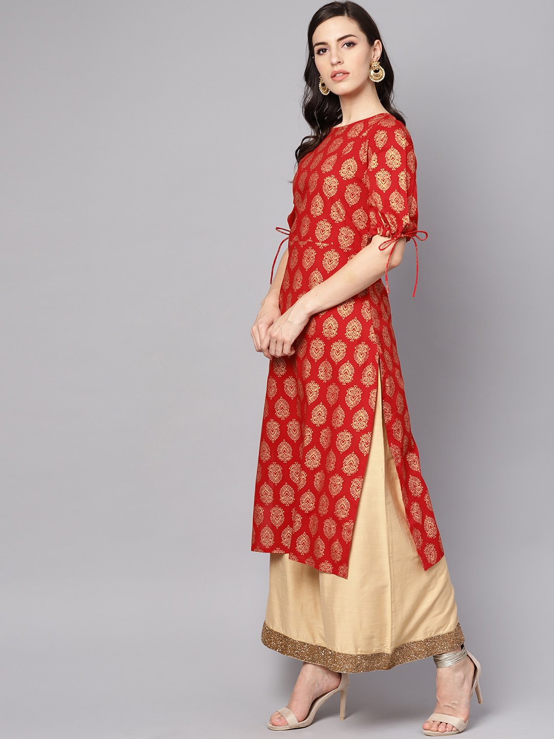 Women's Red Printed Half Sleeve Cotton Straight Kurta - Nayo Clothing