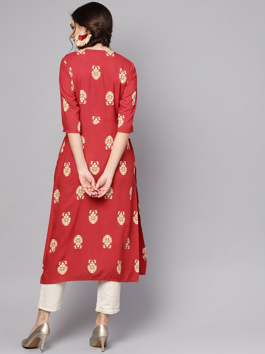 Women's Red Printed Short Sleeve Rayon Straight Kurta - Nayo Clothing