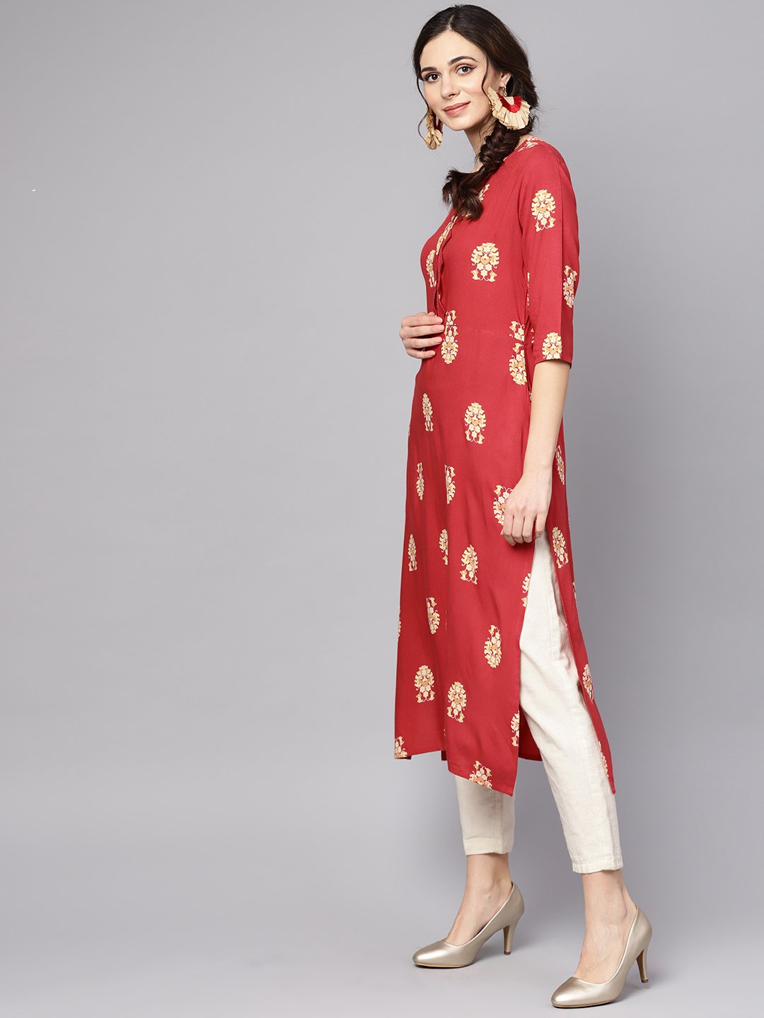 Women's Red Printed Short Sleeve Rayon Straight Kurta - Nayo Clothing