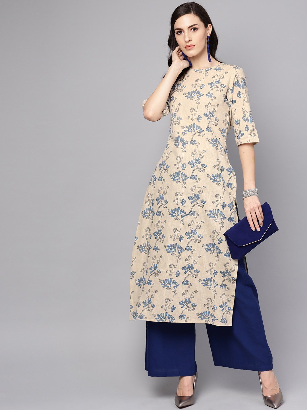 Women's Grey & Blue Printed Half Sleeve Cotton Kurta - Nayo Clothing