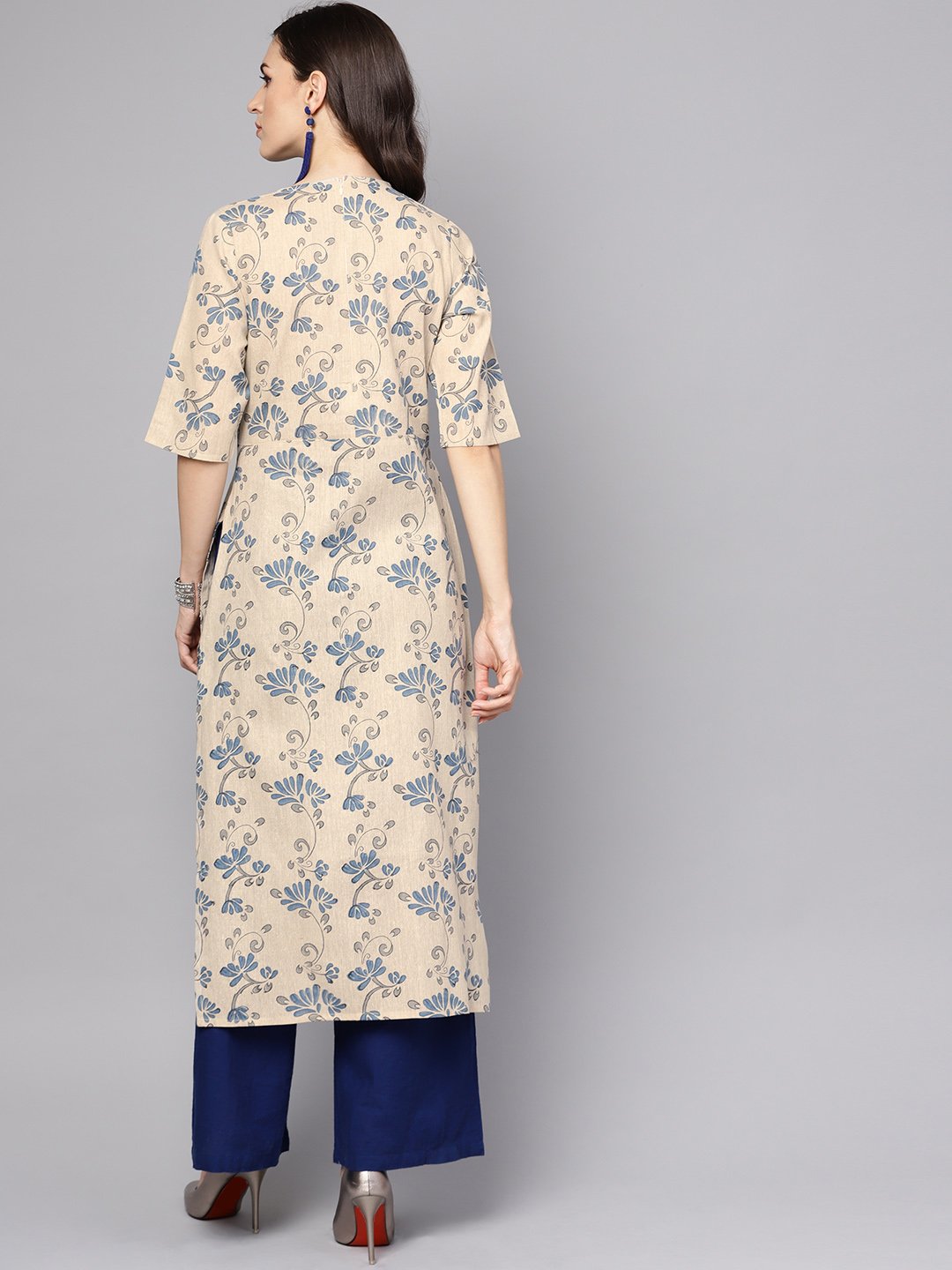 Women's Grey & Blue Printed Half Sleeve Cotton Kurta - Nayo Clothing