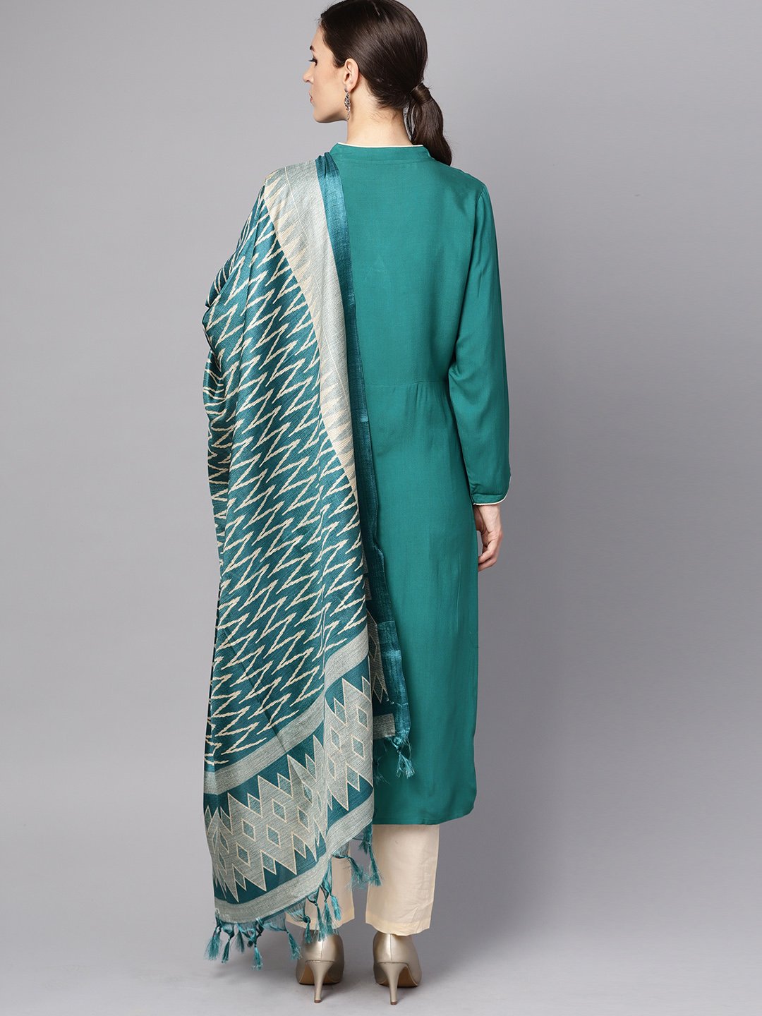 Women's Teal Blue 3/4Th Sleeve Cotton Kurta With Beige Palazzo And Printed Dupatta - Nayo Clothing