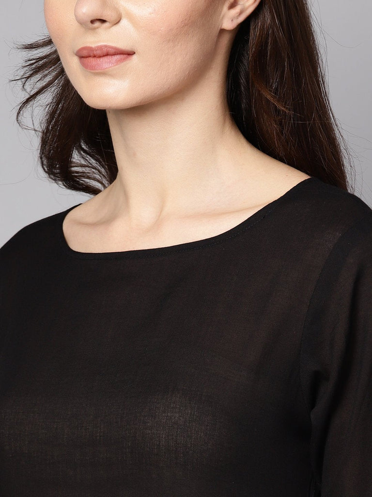 Women's Black 3/4Th Sleeve Cotton Kurta With Palazzo And Printed Dupatta