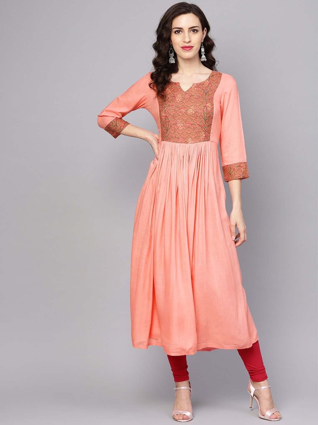 Women's Solid Peach 3/4Th Sleeve Rayon Maxi Dress - Nayo Clothing