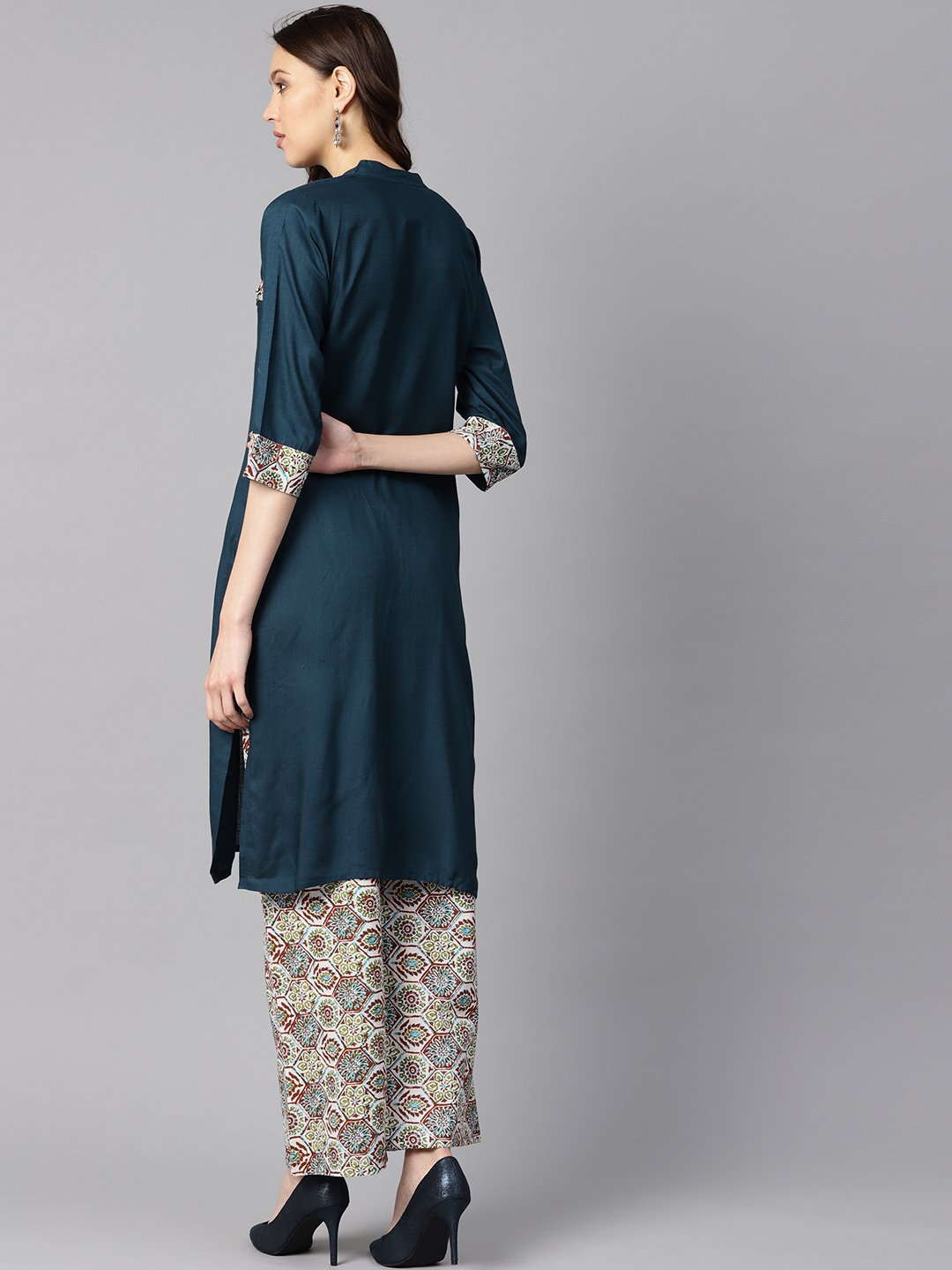 Women's Solid Dark Blue Rayon Straight Kurta With Printed Pocket And Cotton Printed Palazzo - Nayo Clothing