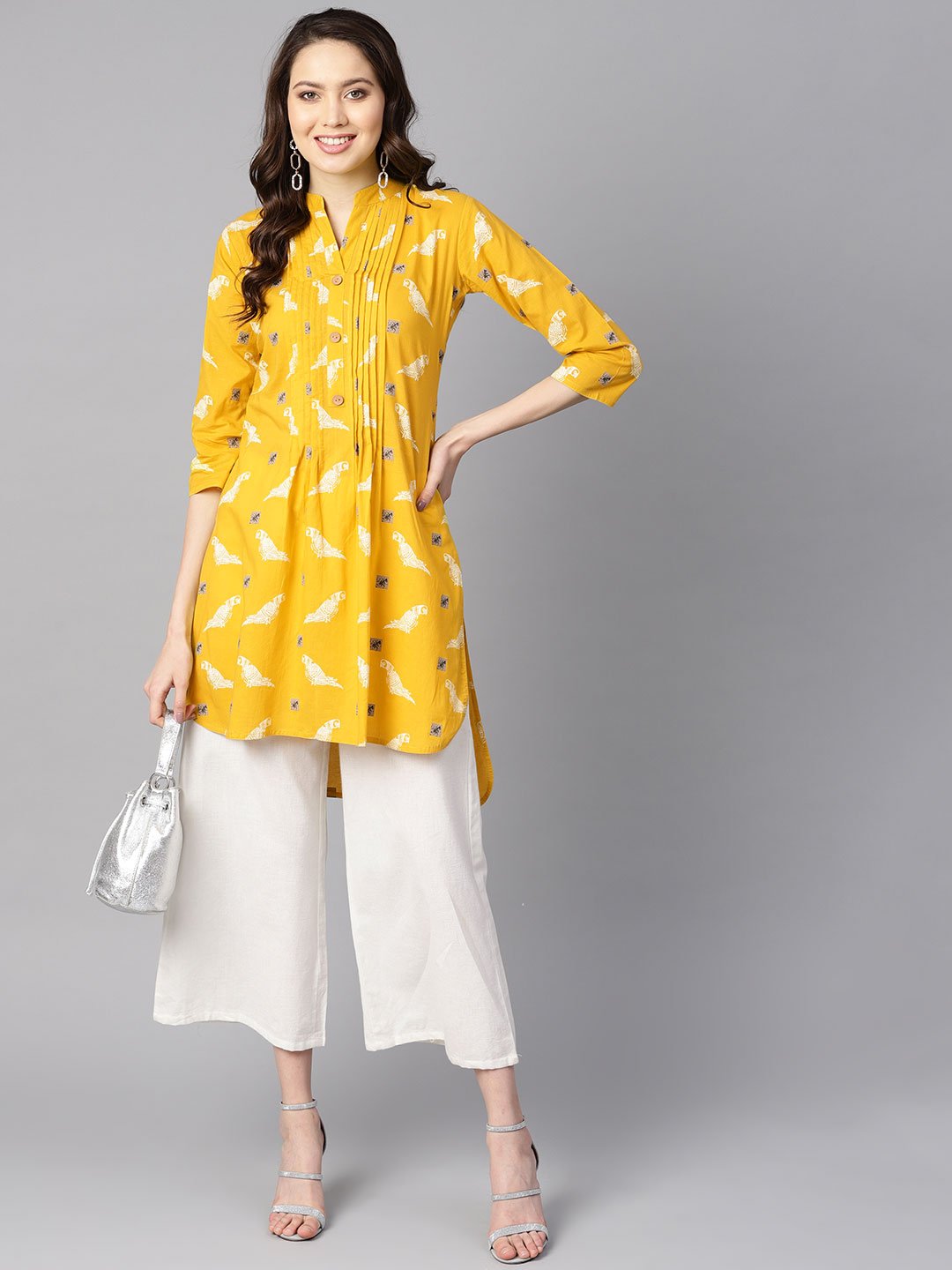 Women's Mustard Yellow White Khadi Bird Print Kurta With Pleats Detailing - Nayo Clothing